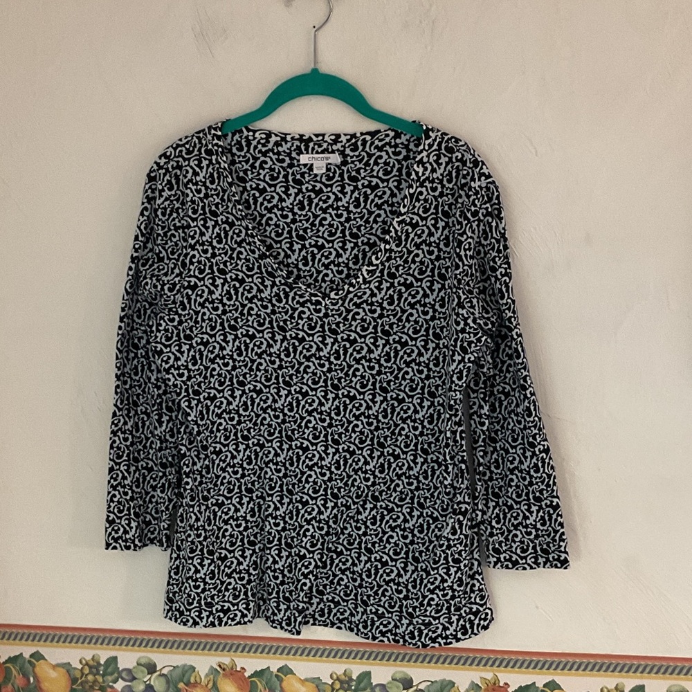 Chico's V-Neck Scroll Print Long Sleeve Top, Size M(1), Black/White, Cotton